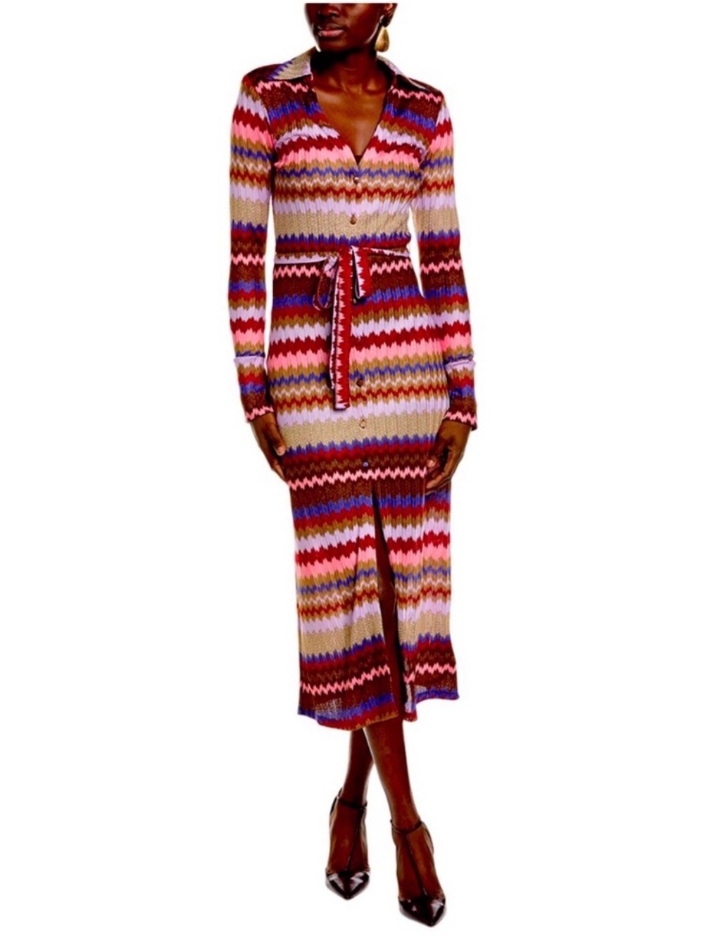 $495 Ramy Brook Galilea Chevron Knit Dress Fall Colors Designer Midi Large